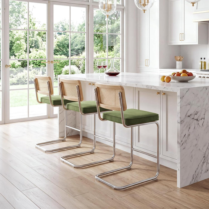 Natural Rattan Counter Stools Set of 2, 26" Modern Boho Barstools | Mid Century Modern Bar Stools with Cane Mesh & Chrome Legs, Vintage Velvet Fabric Counter Height Chairs for Kitchen, Green