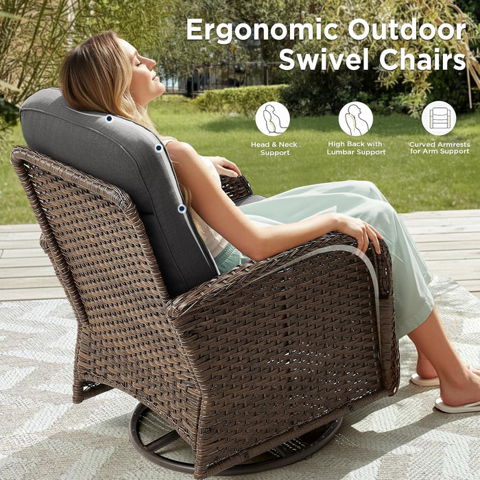10 Pieces Luxury Patio Furniture Set with 42.5" Fire Pit Table, 6-Inch Thick Cushions Wicker Outdoor Furniture with Swivel Patio Chairs Set of 4, Outdoor Patio Conversation Set for Garden Deck, Gray