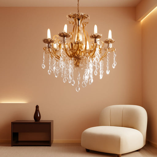 Luxury Copper Crystal Chandelier, 32" Vintage K9 Crystal Pendant Light with 10 Lights, Antique Brass Ceiling Light Fixture with Scrolled Arms for Dining Room Living Room Foyer Villa Hotel