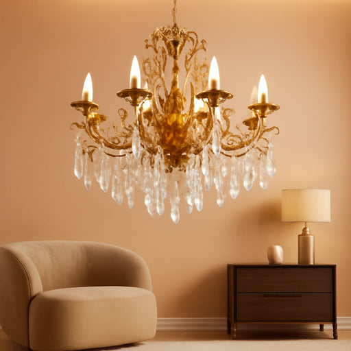 Luxury Copper Crystal Chandelier, 32" Vintage K9 Crystal Pendant Light with 10 Lights, Antique Brass Ceiling Light Fixture with Scrolled Arms for Dining Room Living Room Foyer Villa Hotel