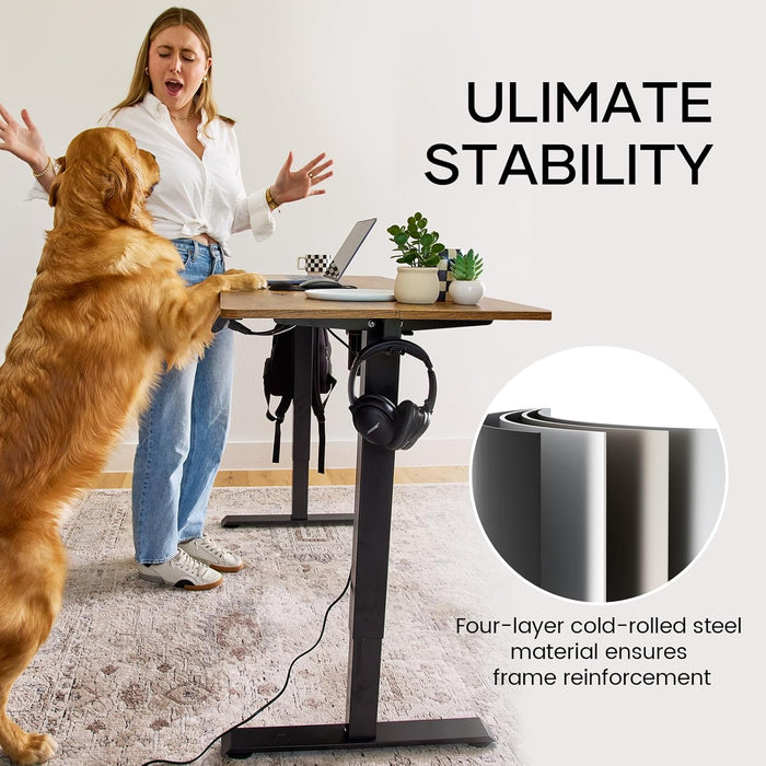 55 Inch, Height Adjustable Sit Stand Up, Wood Desktop, Work Home Office Computer PC Table, Tall Standup Workstation, Gaming Writing Study Bedroom Rising Desks, Brown