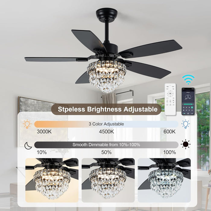 Black 42Inch Chandelier Ceiling Fan App Smart Lighting