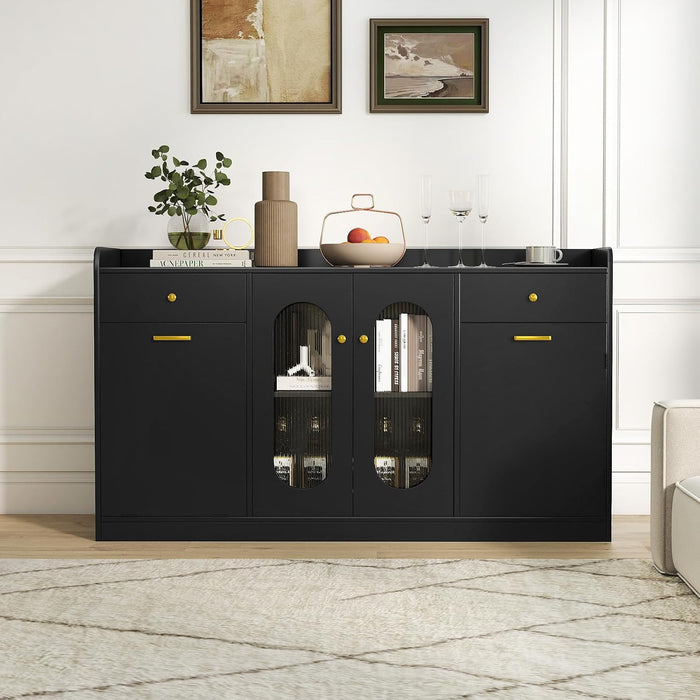 55" Farmhouse Buffet Cabinet, Large Credenza W/Hidden Tilt Out Trash Can, 2 Glass Doors, 2 Drawers & Adjustable Shelves, Modern Sideboard Coffee Bar Cabinet for Kitchen (Black)