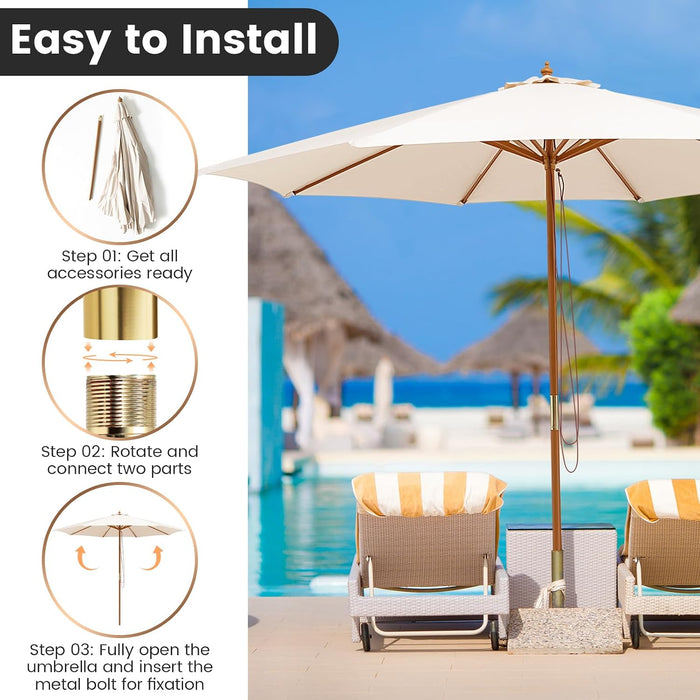 10FT Patio Umbrella, Outdoor Table Market Umbrella W/8 Wooden Ribs, 3 Adjustable Heights, Rope Pulley System, Detachable Pole, Wooden Patio Umbrella for Garden, Poolside, Backyard (Beige)