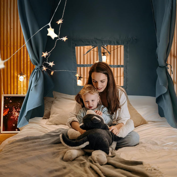 Full Size Bed Canopy for Kids, Toddler Bed Tent Dream Playhouse Privacy Floor Sleeping Tents Indoor under Bunk Bed Tent with Pennant Banners, Kid House Toys for Boys Girl Birthday