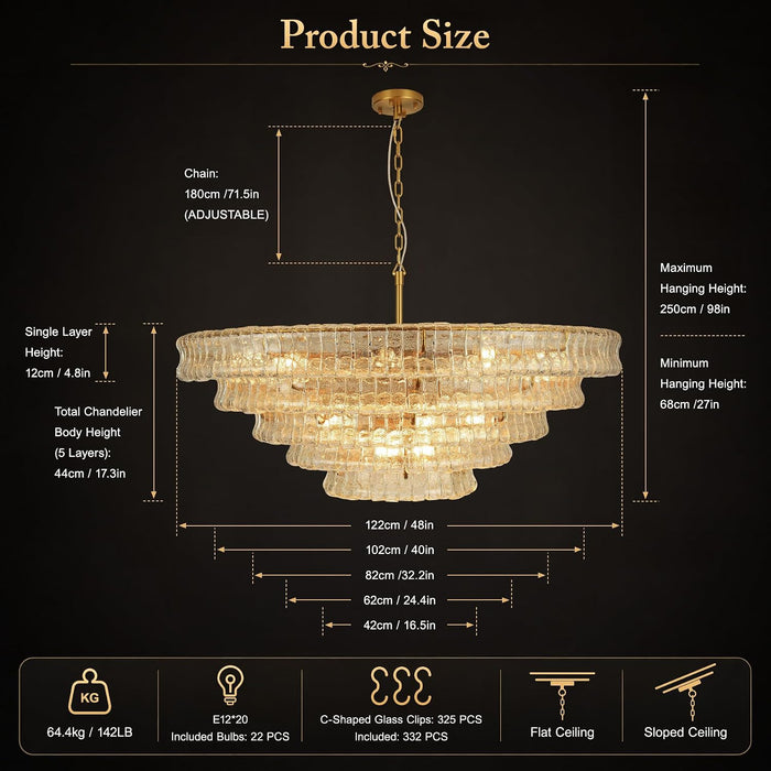 48" 5-Tier Clear Ripple Glass Chandelier, 20-Light round Brass Chandelier