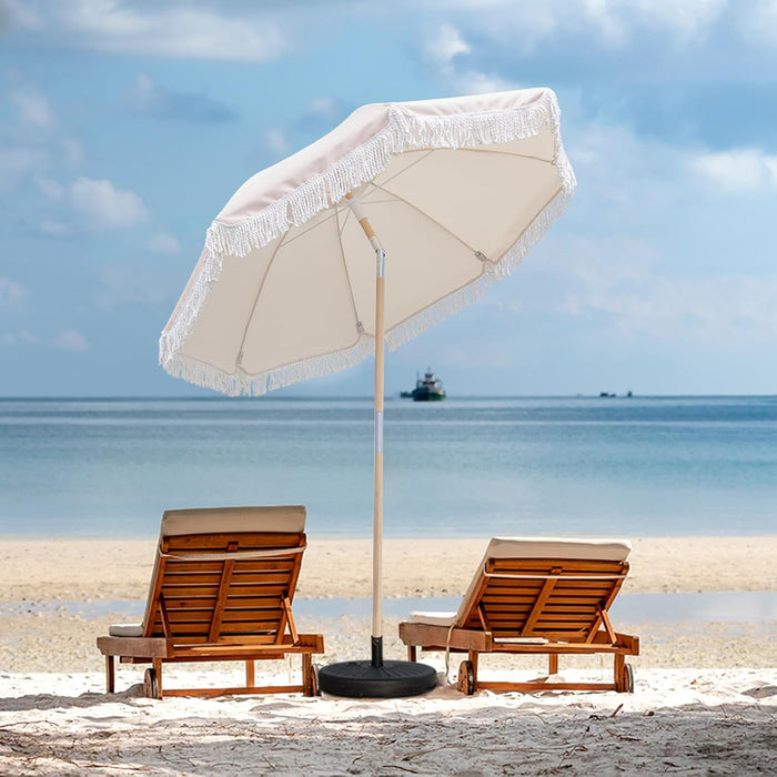 Boho Patio Umbrella, 6FT Beach Umbrella with Fringe, Wooden Pole