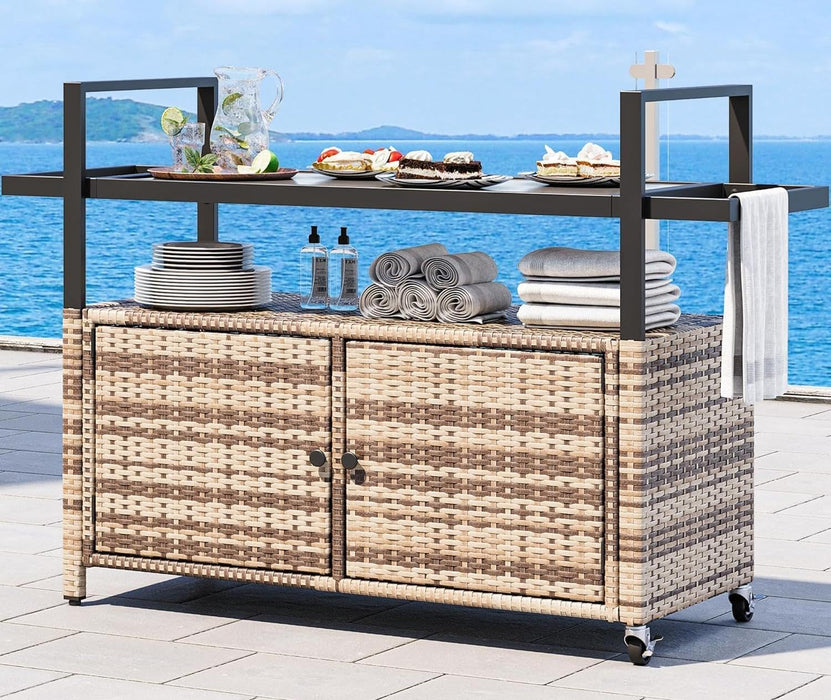 Large Outdoor Kitchen Wicker Island Rolling Cart & Patio Bar Table, W/Wheels and Black Glass Table Top Backyard and Poolside Light Brown