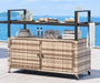 Large Outdoor Kitchen Wicker Island Rolling Cart & Patio Bar Table, W/Wheels and Black Glass Table Top Backyard and Poolside Light Brown