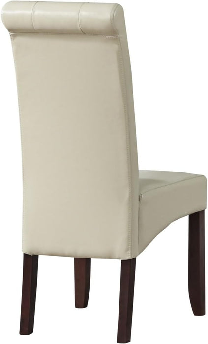 Cosmopolitan Parson Dining Chair (Set of 2), Satin Cream Faux Leather and SOLID WOOD, Square, Upholstered, for the Dining Room, Contemporary Modern