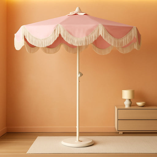 UMB1001 Collins 9 Ft. Classic Cottage Tassel Market Patio Umbrella with Auto-Tilt, Crank, Wind Vent and UV Protection