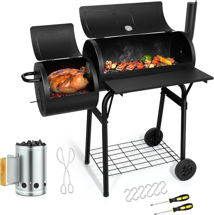Barrel Charcoal Grill with Offset Smoker(420.Sq.In),  Large Outdoor BBQ Grills with Chimney Starter Set for Grilling, Smoking, Roasting, with Thermometer & Front Table, 6 S-Hooks & Clamp