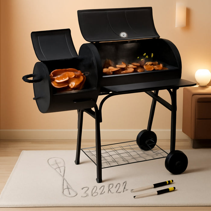 Barrel Charcoal Grill with Offset Smoker(420.Sq.In),  Large Outdoor BBQ Grills with Chimney Starter Set for Grilling, Smoking, Roasting, with Thermometer & Front Table, 6 S-Hooks & Clamp