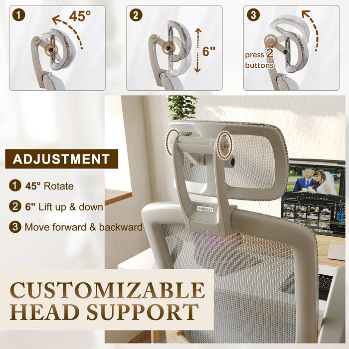 Ergonomic Office Chair, High Back Home Desk Chair with Flip-Up Arms, Headrest, 90-120° Tilt and Wide Cushion, 400LBS White Mesh Chair for Work Gaming Study (GY01-NT, Woodgrain Pattern)