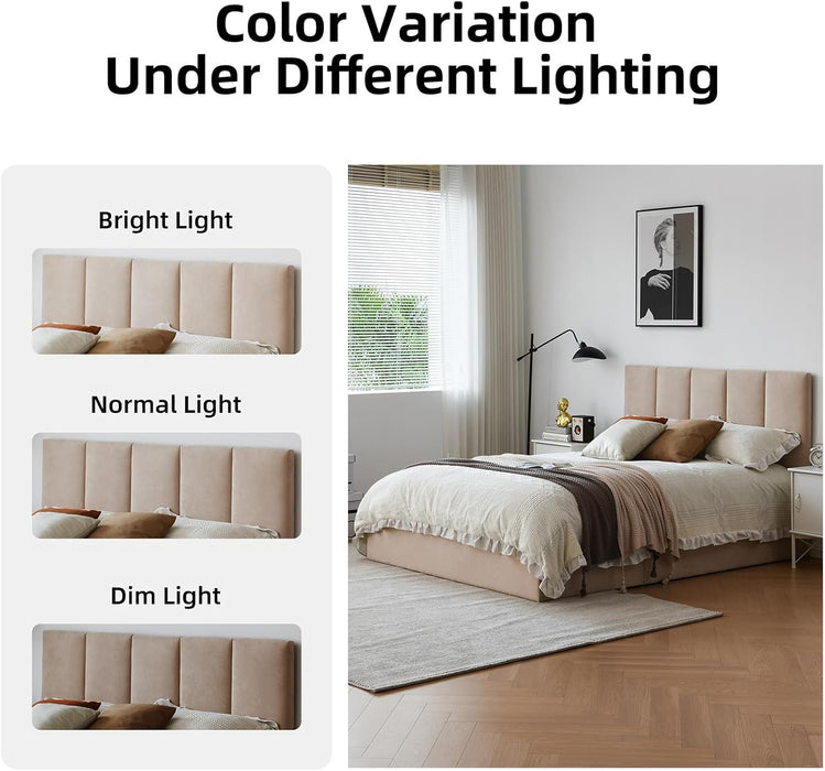 Queen Size Lift-Up Hydraulic Storage Bed, Beige Linen Upholstered Platform Bed with Vertical Channel Headboard, Wooden Slat Support, No Box Spring Needed, Easy Assembly