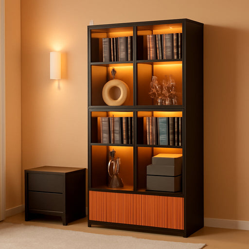 Black Display Cabinet, 67-Inch High Bookcase, Multi-Colored LED Ambient Lighting, 4-Tier Large Storage Space, 2 Large Orange Drawers, Transparent Tempered Glass Door
