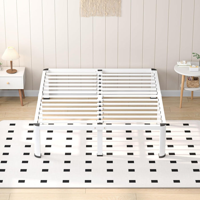 14 Inch White Full Heavy Duty 3500Lbs Bed Frame with Round-Corner