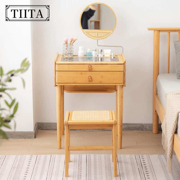 Vanity Desk, Makeup Vanity Table with Mirror, Dressing Table with 2 Drawers,Modern Wood Bedroom Vanity Vintage Dressing Table for Women Girls