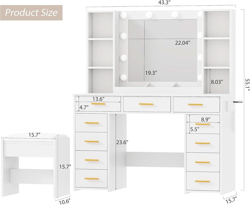Makeup Vanity Desk with Mirror and Lights White Vanity Desk with Power Outlet 11 Drawers 9 Shelves 3 Color Lighting Modes Vanity for Bedroom Women UBDT86W