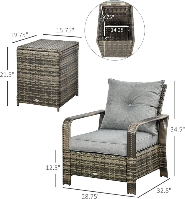 3 Piece Patio Furniture Set, PE Rattan Wicker Storage Table and Chairs W/Tufted Cushions for Outdoor Garden, Backyard, Poolside, Balcony, Gray