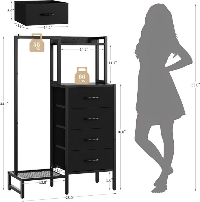 Black Dresser with Hanging Rack - Small Closet with 4 Fabric Storage Drawers, 44" H Dresser with Clothes Rack, Chest of Drawer, Kids Dressers for Bedroom, Entryway, Living Room, Sturdy Frame
