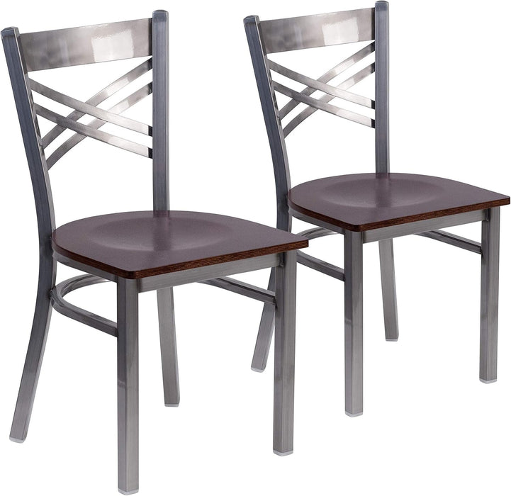 2 Pk. HERCULES Series Clear Coated ''X'' Back Metal Restaurant Chair - Walnut Wood Seat