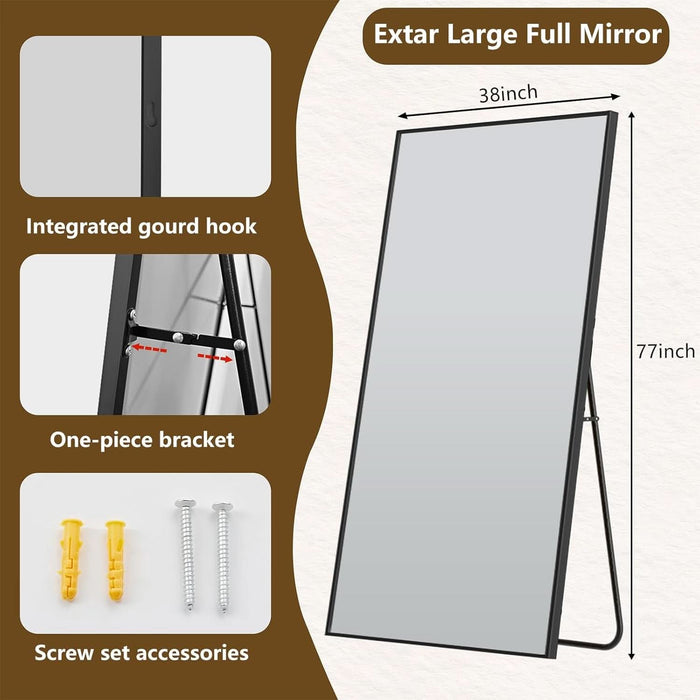 77"X38" Floor Mirror Full Length, Bedroom Floor Body Mirror with Stand, Large Black Mirror, Leaning, Standing or Hanging Horizontally/Vertically