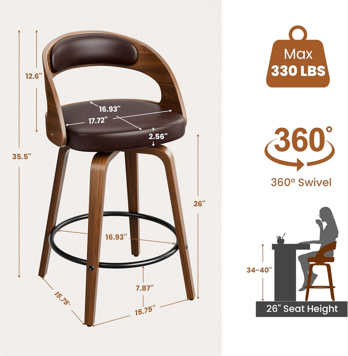 Bar Stools Set of 2, 26" Counter Height Barstools with Bentwood Legs, Swivel Counter Stools with Back, Mid Century Modern Faux Leather Upholstered Barstools for Kitchen Island, Brown