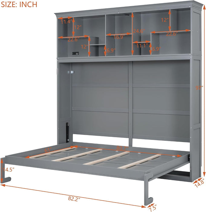 Gray Queen Murphy Bed With USB Charging And Storage