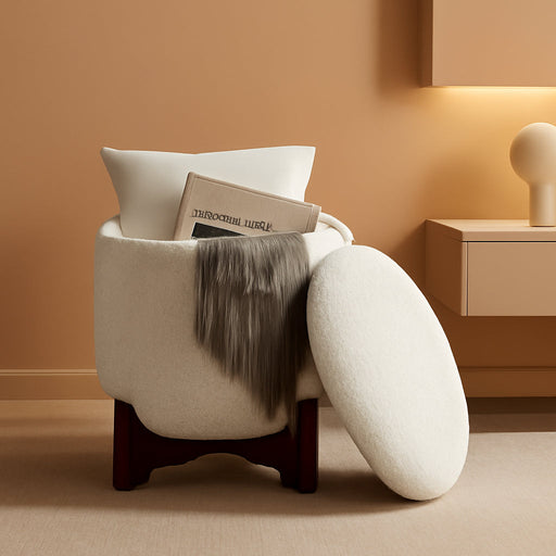 Decor round Ottoman with Storage, Boucle White Teddy round Vanity Chair Stool Ottoman Pouf with Storage for Living Room and Bedroom