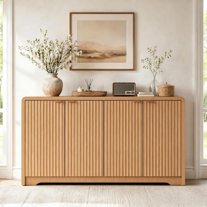 59" Fluted Buffet Cabinet Sideboard with Ample Storage, Natural Oak | Adjustable Shelves, Soft-Close Hinges, Anti-Tip Device, Thick Sturdy Panels, Rounded Edge, Sturdy Structure, Easy Assembly