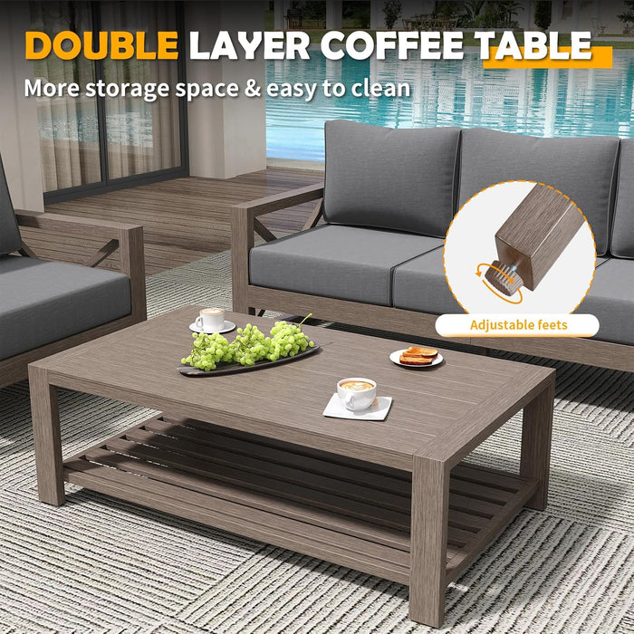 Aluminum Patio Furniture Set, 8 Pieces Modern Metal Outdoor Furniture, Faux Wood Grain Finish Frame Patio Sofa Sets with 6" Cushion for Backyard, Dark Grey (Included Waterproof Covers)