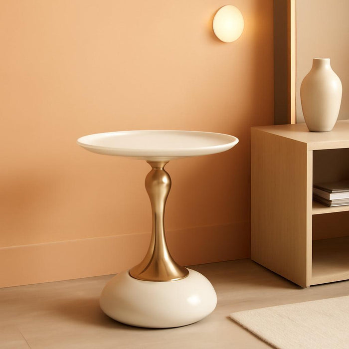 Small round Side Table for Small Spaces, Modern Pedestal End Table Living Room, Cream Metal Drink Tables Martini Table, Unique Circle Accent Tables for Sofa, Bedroom, Office