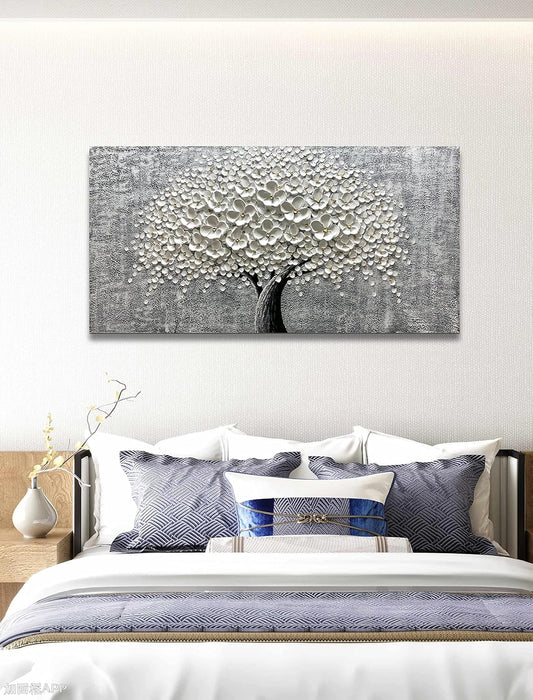 - 24X48 Inch 3D White Flower Painting Abstract Textured Knife Platte Acrylic on Canvas 3D Flowers Tree Painting Ready to Hang