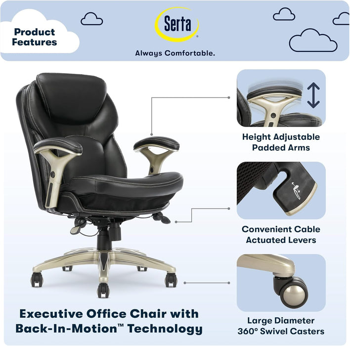 Claremont Ergonomic Executive Office Chair with Back in Motion Technology, Adjustable Mid Back Desk Chair with Lumbar Support, Bonded Leather, Black