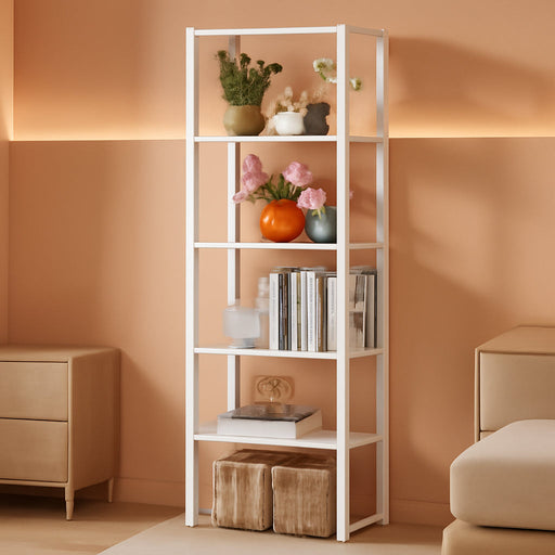 White Tall Bookshelf, Narrow Bookcase with 6 Shelves, Modern Freestanding Shelf Units, Metal and Wood Display Storage Corner Rack Organizer for Living Room, Home Office, Hallway, Bathroom