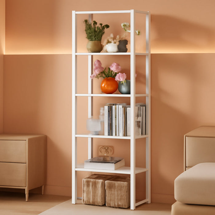 White Tall Bookshelf, Narrow Bookcase with 6 Shelves, Modern Freestanding Shelf Units, Metal and Wood Display Storage Corner Rack Organizer for Living Room, Home Office, Hallway, Bathroom