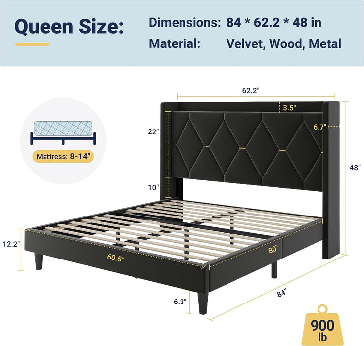 Queen Bed Frame with Storage Headboard & Smart Charging Station