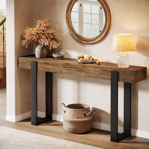 63-Inch Long Console Table, Solid Wood Sofa Table behind the Couch with Metal Support, Farmhouse Entryway Furniture for Entrance, Hallway, Living Room, Rustic Brown & Black
