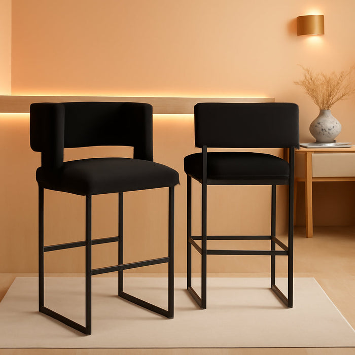 Caleb Collection Modern | Contemporary Counter Height Stool with Unique Square Back and Sturdy Iron Legs, Set of 2 Black Velvet, 19.5" W X 20.5" D X 36" H - ShipItFurniture