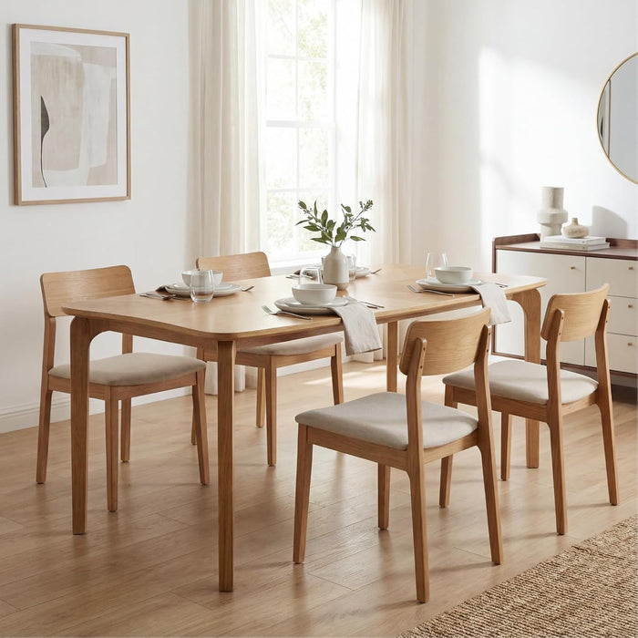Mid-Century 63" Oak Color Dining Table with Curved Edges | Modern Solid Wood Legs Rectangular 6-Person Kitchen Table for Dining Room Living Room