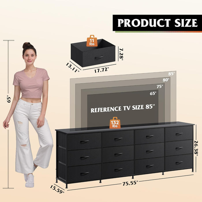 75.5'' Black Dresser for Bedroom, TV Stand for 85, 80, 75, 65 Inch TV, 12 Drawer Long Fabric Dresser with Wood Top, Wide Entertainment Center Storage Chest for Living Room, Closet