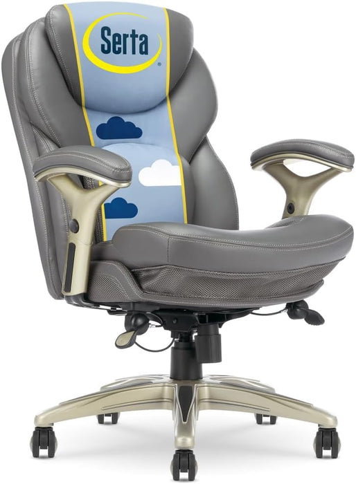 Claremont Executive Office Chair with Back-In-Motion Technology, Ergonomic Mid-Back with Pivot Lumbar Support and Seat, Plush Cushion, Body Pillows, Adjustable Arms, Bonded Leather, Gray