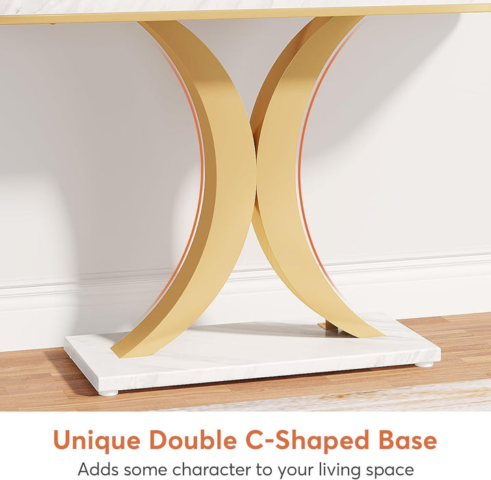 Modern Gold Console Table, 40 Inch Narrow Entryway Foyer Table with Geometric Base, Rustic Hallway Accent Table for Living Room, Entrance, White and Gold