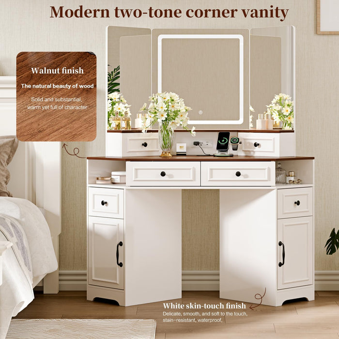 Corner Vanity Desk with Mirror and Lights,Makeup Vanities with Power Outlet and 6 Drawers, 3 Light Settings, Dimmable for Women Girls, Bedroom, White