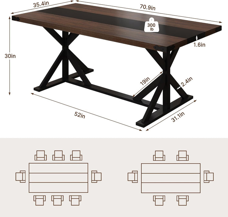 71 Inch Dining Table for 6 People, Rectangular Kitchen Farmhouse Table W/Thickness Waterproof Wood Tabletop,Long Dining Room Tables W/Wood Strip Base for Kitchen Living Room(Brown&Black)