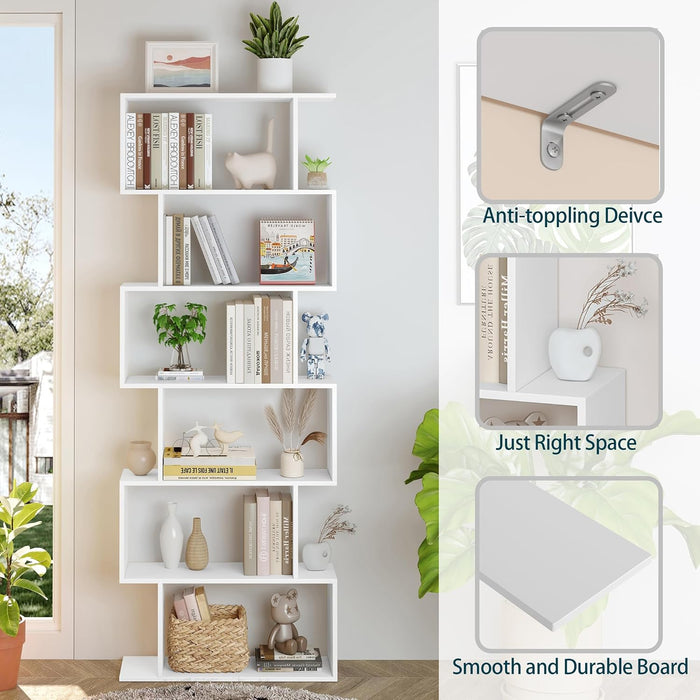 S Shaped Bookshelf, Modern Geometric Bookcase, 6-Tier White Display Case Book Shelf