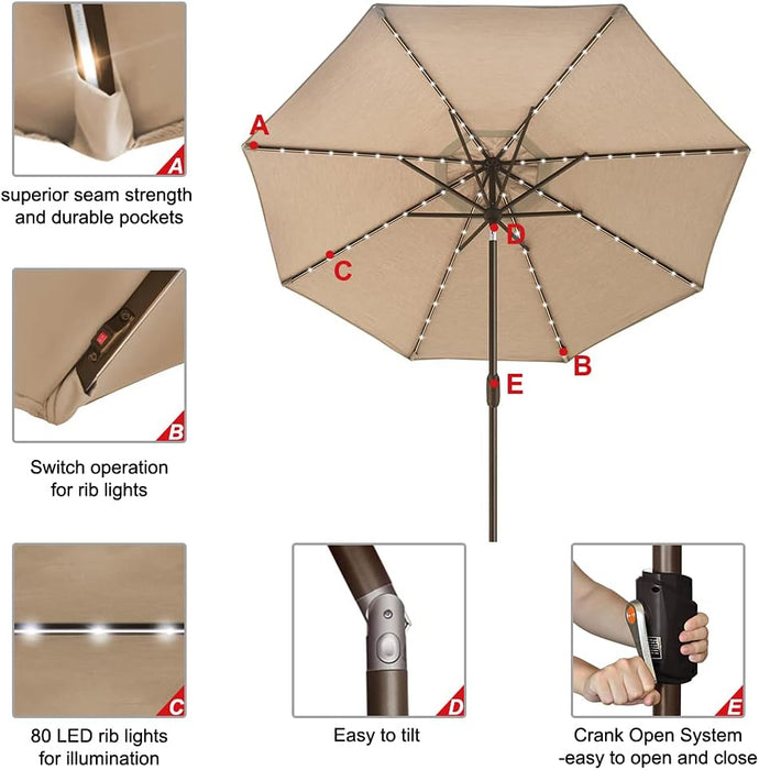 USA 10-Year-Non-Fading 9Ft Market Patio Umbrella, Commercial Grade Table Sun Umbrella with 80 Solar LED Lights, Crank Open, Windproof & UPF 50+ UV Protection for Garden, Deck, Pool, Backyard, Heather Beige