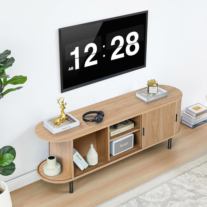 63" Fluted TV Stand for 65/70 Inch TV, Mid Century Modern TV Console with Sliding Doors, Curved Gaming Entertainment Center, Media Console for Living Room, Bedroom (Natural, 63Inch-4Doors)