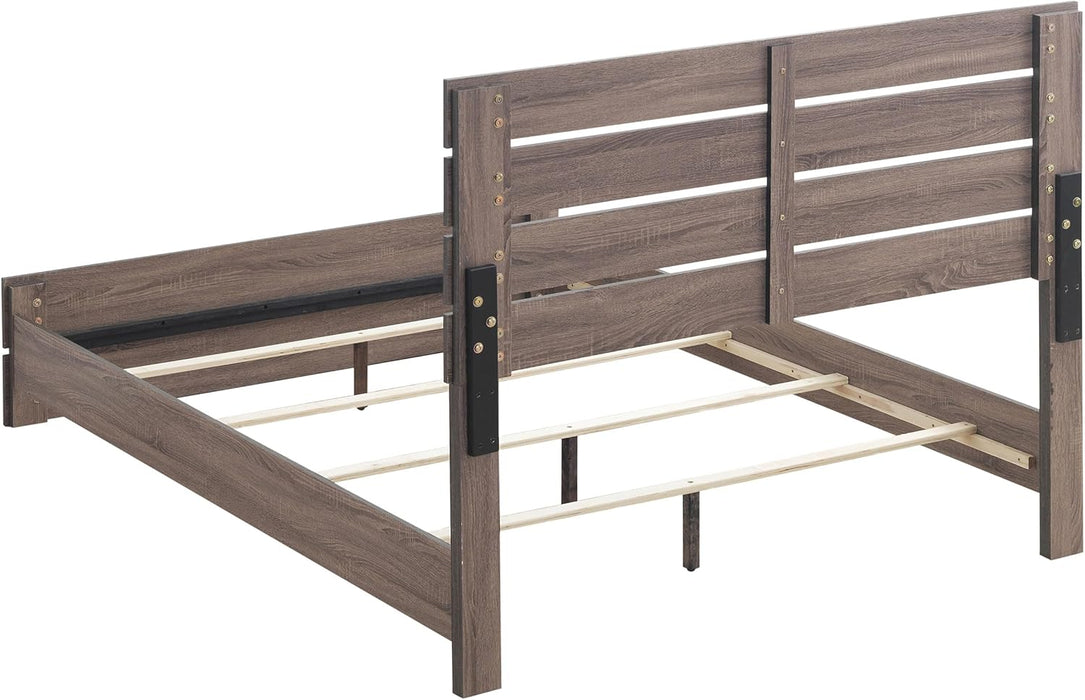 Home Furnishings - Brantford - Wood Panel Bed with Slatted Headboard, Low-Profile Frame and Scratch-Resistant Laminate - Bedroom - Queen Size - Barrel Oak - 207041Q
